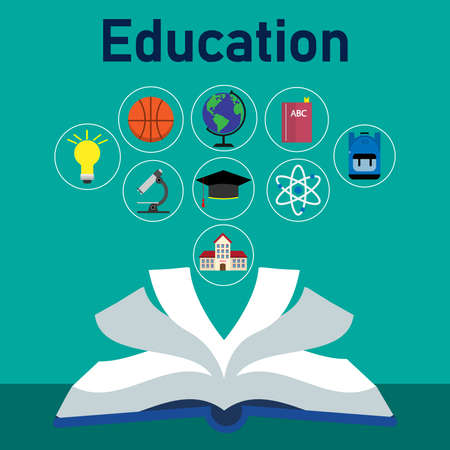 Green background with open book with elements education icons floating.