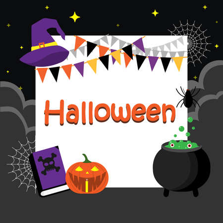 Halloween greeting card is witch hat, magic book, pumpkin, web spider, spider, posion pot on the nigth background. Template for Halloween party.のイラスト素材
