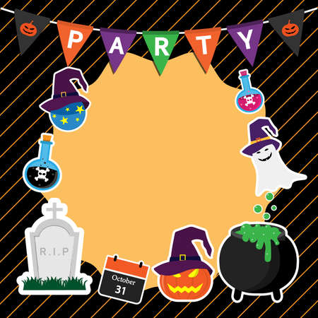 Cute Set sticker Halloween Day have pumpkin,pot poison, witch hat, spider, grave stone, bone,ghost,icons and design elements.のイラスト素材