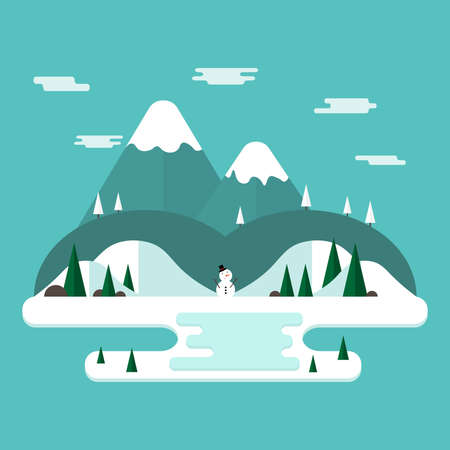 Winter vacation flat landscape.Winter time concept background in flat design &#xD;&#xA;with mountains and snowman.のイラスト素材