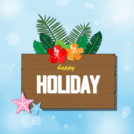 Vector Happy Holiday  illustration on vintage wood background and blue sky background with blur bokeh light effect.のイラスト素材