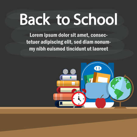 Back to school concept.This have bag ,book,appel,pencil,clock  and globe on the desk after blackboard.のイラスト素材