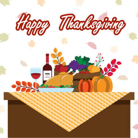 Vector illustration of a big banquet table with drinks and eating fruit. Festive holiday dinner. Flat style. Table for Thanksgiving Day.のイラスト素材