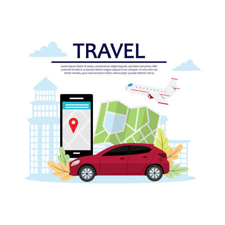 Concepts of Holiday tourism, planning Travel by car or plan on holiday Make it happy to enjoy this journey. Share location.Travelling illustration.のイラスト素材