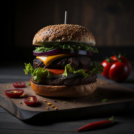 Cheeseburger with beef, cheese and vegetables on wooden backgroundの素材