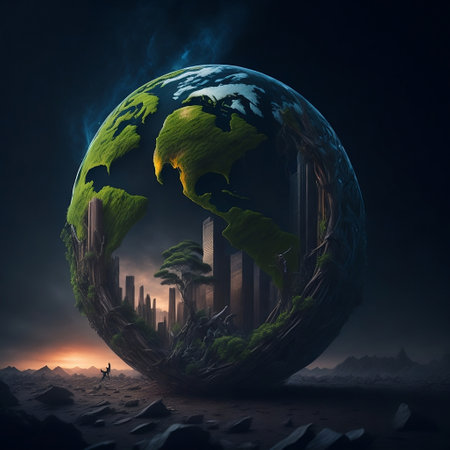Fantasy landscape with planet earth and human figure. 3D renderingの素材
