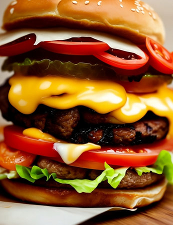Closeup of tasty cheeseburger with beef, tomato and lettuceの素材