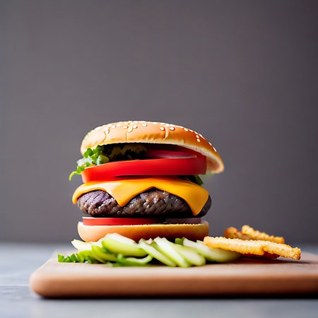 Hamburger with french fries on a wooden board, selective focusの素材