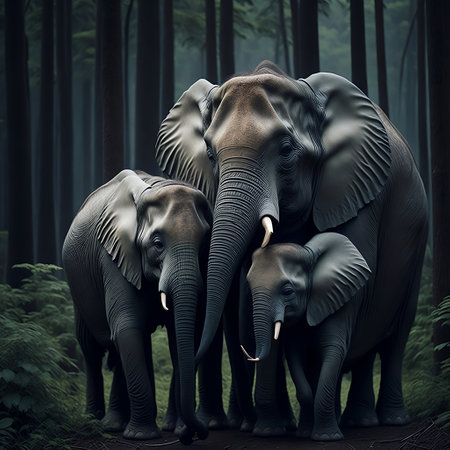 Elephants family in the forest. 3D render illustration.の素材