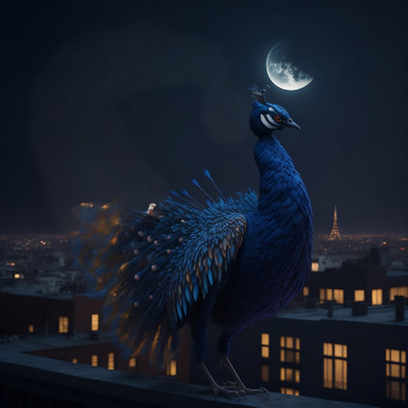 Peacock on the roof of a building in the city at nightの素材