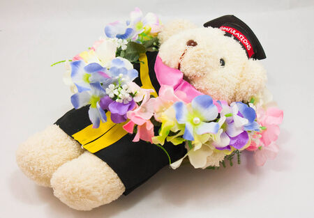 graduation teady bear with flower aroundの写真素材