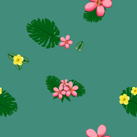 Pink and yellow flowers with green background. Seamless pattern. Vector Illustratorのイラスト素材