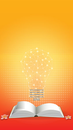 Books unfolded with bright polygon lamps on orange-yellow gradient background with conceptual ideas born from readingのイラスト素材
