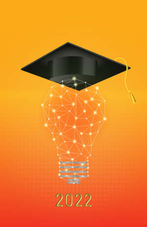 black degree cap on light bulb and 2022 letters on orange backgroundのイラスト素材