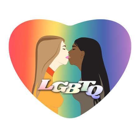 female couple kissing in rainbow heart frame graphic resources isolated transparent background pngのイラスト素材