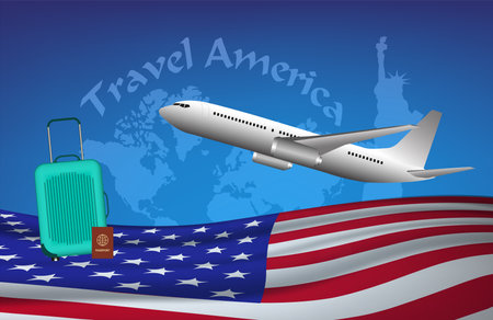 Travel american background with airplane, suitcase and USA flag. Vector illustrationのイラスト素材