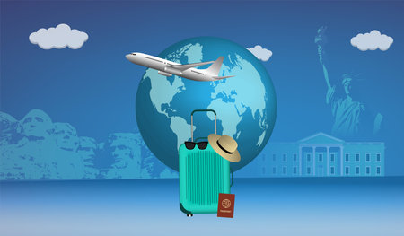 Traveling around the world with your suitcase and airplane. Vector illustrationのイラスト素材