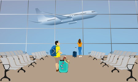 Illustration of a man and a woman in an airport waiting for their flightのイラスト素材