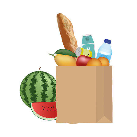 Paper bag food on white background. Advertising decoration concept about sales and marketing. Design for t-shirts, flyers, invitations, greeting cards. Illustration, vector.のイラスト素材