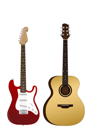 Electric guitar and acoustic guitar isolated on white background. Used for decoration, advertising design, websites or publications, banners, posters and brochures.のイラスト素材