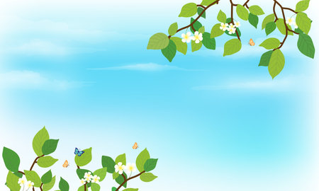 spring background with green leaves and white flowers on a blue sky backgroundのイラスト素材