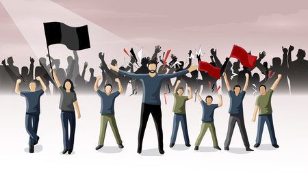 Protest people with flags and banners in the crowd. Vector illustration.のイラスト素材