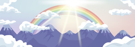 Dreamy vector landscape featuring purple snowy mountains, fluffy clouds, and a colorful rainbow under bright sun rays.のイラスト素材
