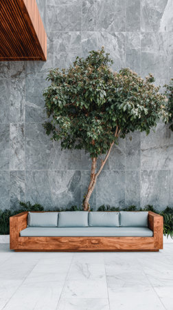 A stylish wooden couch with light blue cushions sits against a textured stone wall. A vibrant tree adds a touch of nature to the modern outdoor space, creating a calm atmosphere.の素材