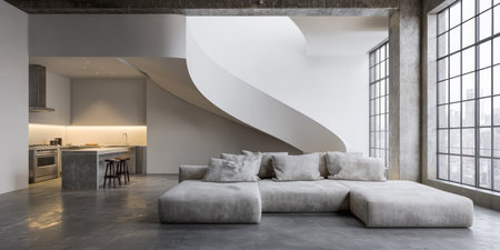 Spacious living area showcases a modern sofa, a sleek kitchen with ambient lighting, and a stunning spiral staircase. Large windows provide city views during the day.の素材