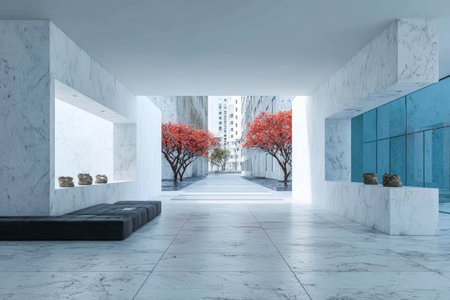 Bright urban area showcases minimalist architecture with marble surfaces, colorful red trees, and a serene pathway inviting visitors to explore the captivating space.の素材