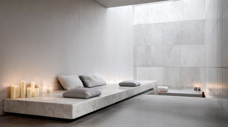 A serene spa area features smooth stone surfaces, soft cushions, and flickering candles. Natural light fills the room, creating a calming atmosphere for relaxation.の素材