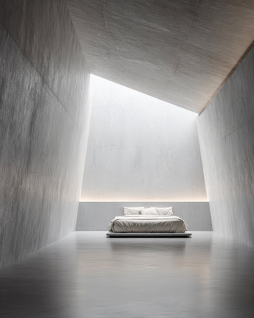 Soft natural light fills the minimalist bedroom, highlighting its unique angles and smooth surfaces. A simple bed sits in the center, creating a serene and inviting atmosphere.の素材
