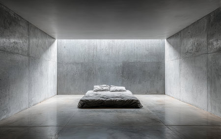 A minimalist bedroom showcases a simple bed with white bedding in a spacious concrete room. Soft lighting highlights the clean lines and stark decor of the space.の素材