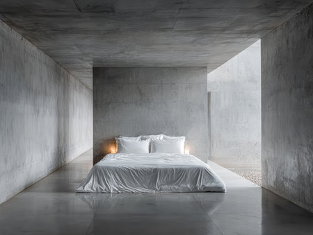 A calming bedroom features a large bed with white linens set against smooth concrete walls. Natural light pours in through open spaces, enhancing the tranquil atmosphere of the room.の素材
