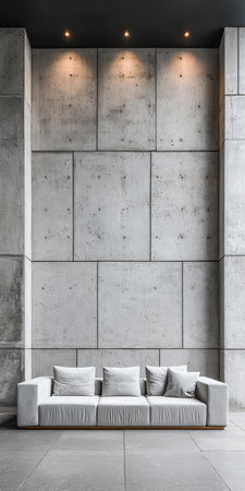 A stylish white sofa with cushions is placed in front of a rugged concrete wall. Soft lighting highlights the texture, creating a contemporary atmosphere in the room.の素材