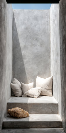 A serene nook featuring several soft pillows and a large cushion on concrete steps. Natural light illuminates the space, creating a calm and inviting atmosphere.の素材