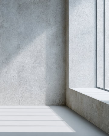 Soft afternoon light streams through a window, casting shadows on the gray walls of a minimalist room. The space feels open and inviting, perfect for relaxation or creativity.の素材