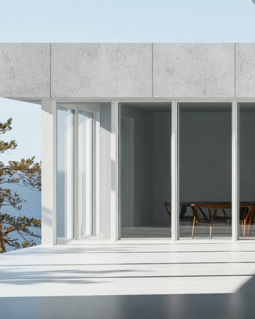 This coastal home showcases expansive windows that invite natural light, with a minimalist interior and a view of the sea, creating a peaceful atmosphere perfect for relaxation.の素材