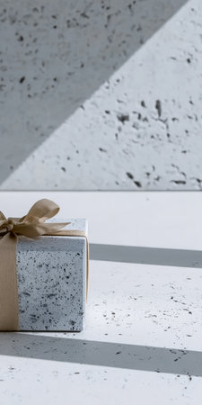 A neatly wrapped gift box lies on a smooth, textured surface. The box features a speckled design and is adorned with a simple ribbon. Shadows play around it, creating depth.の素材