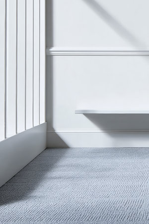A clean and bright corner of a modern room features soft gray carpet, white walls, and a simple ledge. Natural light casts shadows, enhancing the minimalist style.の素材