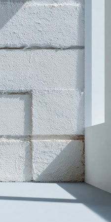 Natural light fills a contemporary room, highlighting the rough texture of a white block wall. Shadows create patterns on the surface and the adjacent corner.の素材