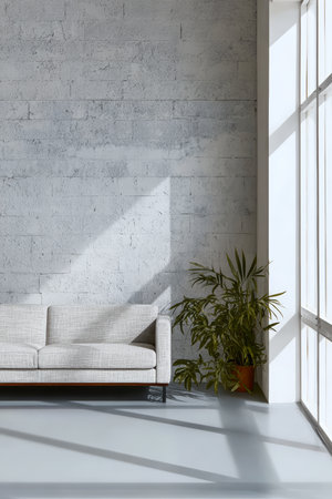 A cozy living room features a light-colored sofa and a green plant near a big window. Sunlight streams in, illuminating the space and creating a warm atmosphere.の素材
