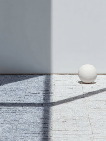 A white sphere sits on a textured surface in a minimalist space. Light creates strong shadows, highlighting the simplicity of the composition and the contrast of surfaces.の素材