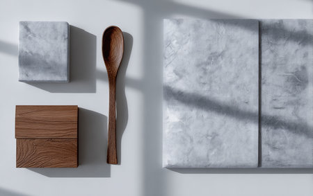 A neatly organized display of wooden and fabric items rests on a soft surface, illuminated by natural light filtering through a window, creating gentle shadows.の素材