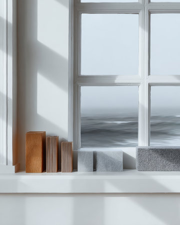 Various decorative materials, including wood and stone, are neatly arranged on a window sill. The calm ocean can be seen outside under soft natural light, creating a peaceful atmosphere.の素材