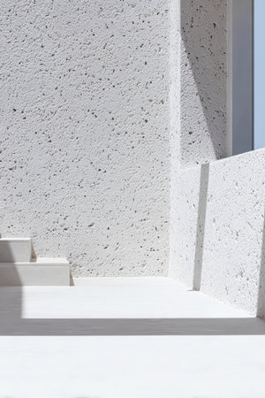 This scene features minimalist architecture with smooth white surfaces and sharp angles, illuminated by bright sunlight. The design emphasizes simplicity and elegance in a tranquil setting.の素材