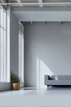 This spacious living room features a grey sofa and large windows allowing natural light to brighten the area. A simple plant in a pot adds a touch of greenery to the minimalistic design.の素材