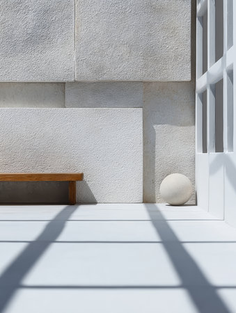 Bright and airy room showcases a wooden bench against textured walls. A spherical object rests near the light-filled corner, creating a serene atmosphere.の素材