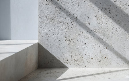 Textured concrete wall and flooring create a stylish, minimalistic aesthetic in a calm indoor setting. Natural light casts soft shadows, enhancing the design.の素材