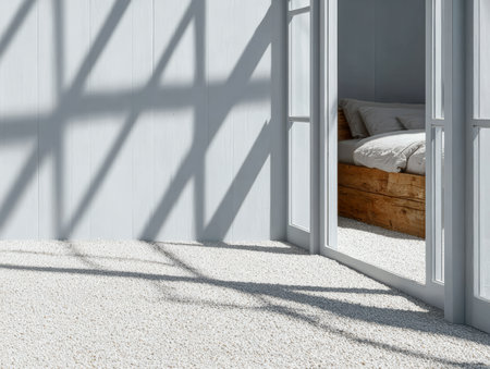 Soft natural light fills a minimalist indoor space with a cozy bed and shadows from open windows creating a peaceful atmosphere ideal for relaxation.の素材